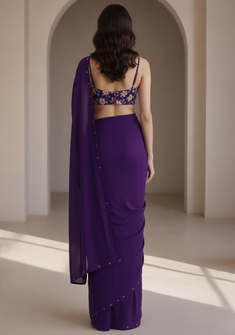 Purple Embroidery Blouse Crepe Pre Draped Saree Set - Indya