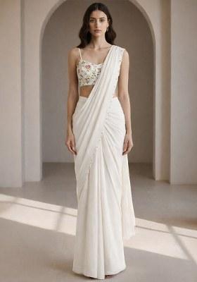 White Embroidery Blouse Crepe Pre Draped Saree Set