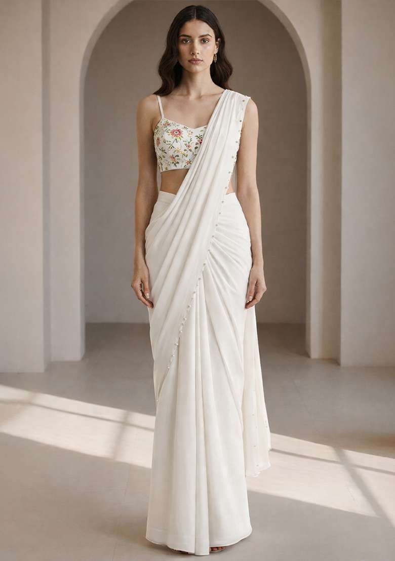 White Blouse Crepe Pre Draped Saree Set with Embroidery for Diwali | Wedding & Festive Wear - Indya