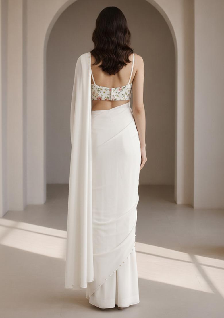 White Embroidery Blouse Crepe Pre Draped Saree Set - Indya