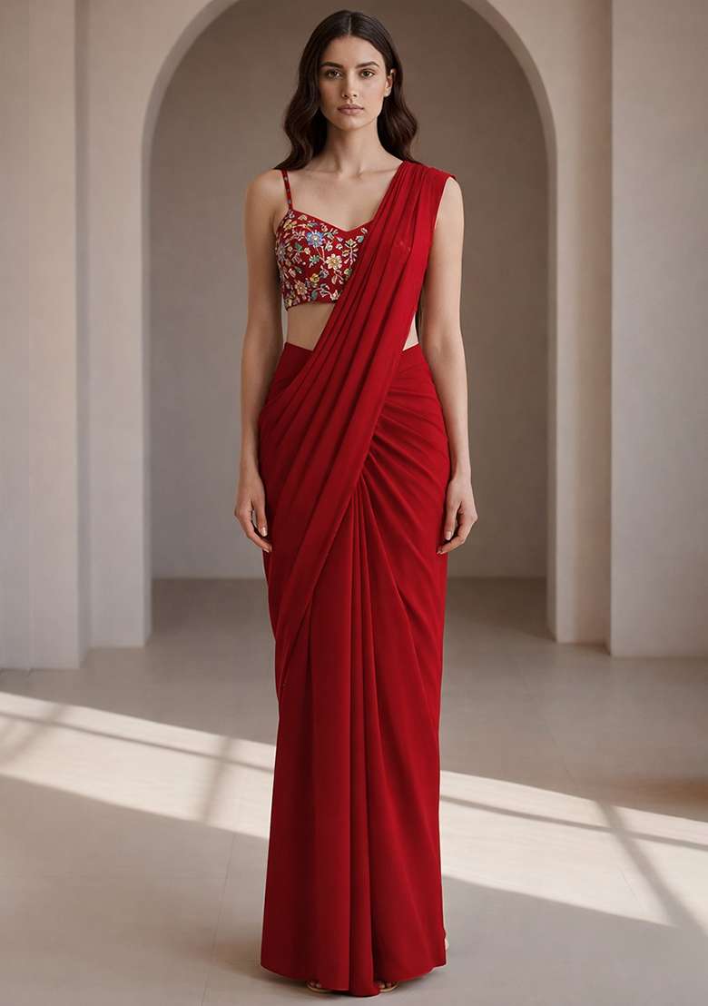 Red Embroidery Blouse Crepe Pre Draped Saree Set for Diwali and Festive Wear - Indya