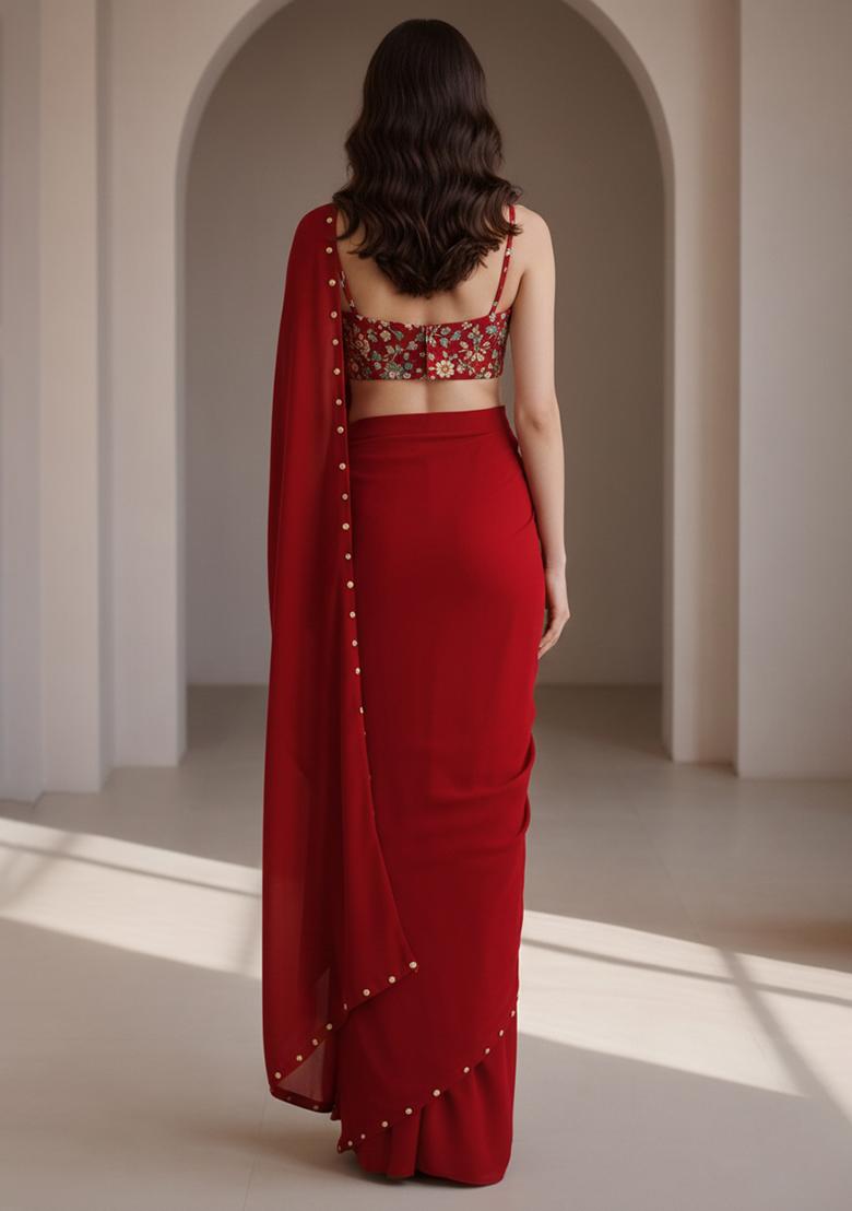 Red Embroidery Blouse Crepe Pre Draped Saree Set - Indya