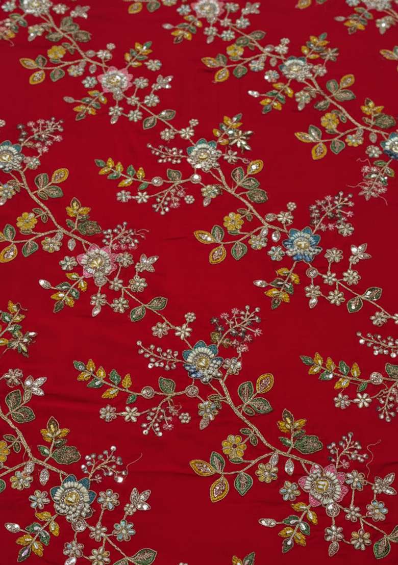 Red Embroidery Blouse Crepe Pre Draped Saree Set for Diwali and Festive Wear - Indya