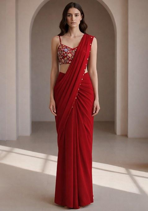 Red Embroidery Blouse Crepe Pre Draped Saree Set
