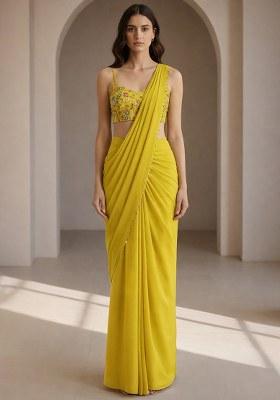 Yellow Embroidery Blouse Crepe Pre Draped Saree Set