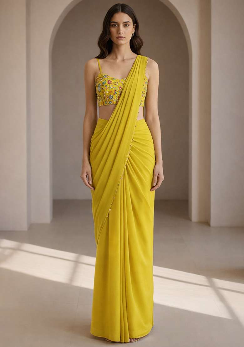 Yellow Embroidery Blouse Crepe Pre Draped Saree Set - Indya