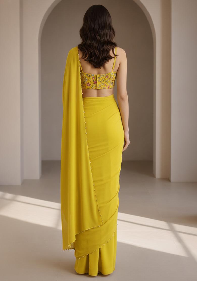 Yellow Embroidery Blouse Crepe Pre Draped Saree Set - Indya