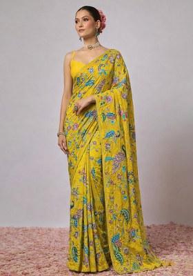 Mustard Embroidery Crepe Pre draped saree Set