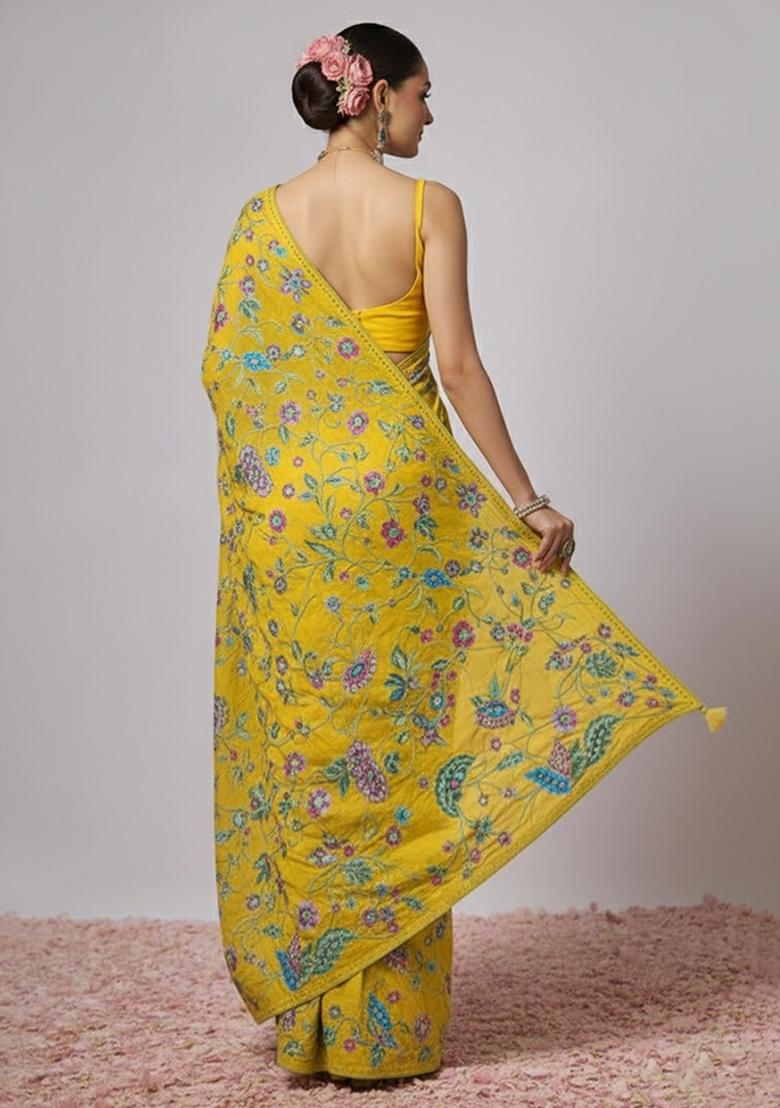Mustard Embroidery Crepe Pre draped saree Set - Indya