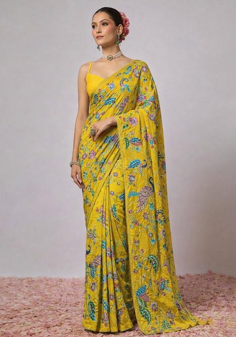 Mustard Embroidery Crepe Pre draped saree Set