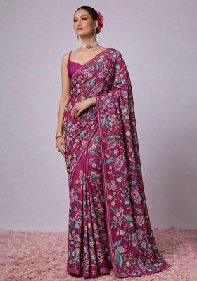 Magenta Embroidery Crepe Pre draped saree Set