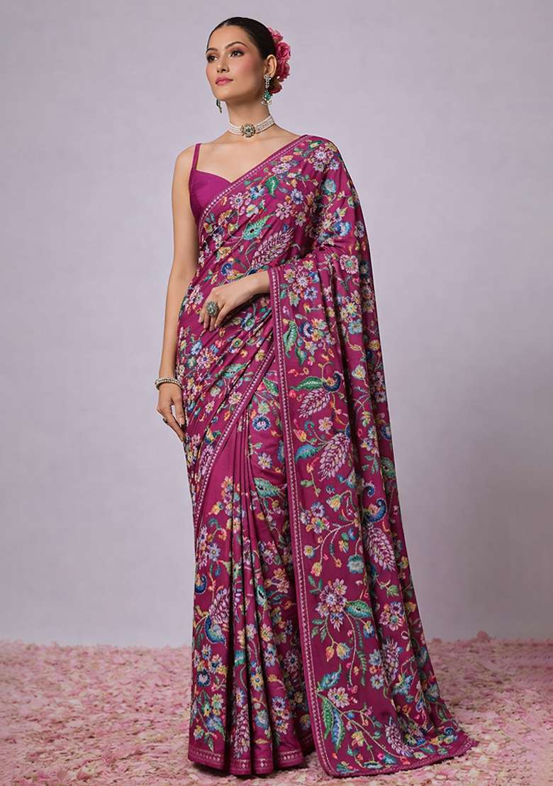 Magenta Embroidery Crepe Pre draped saree Set - Indya