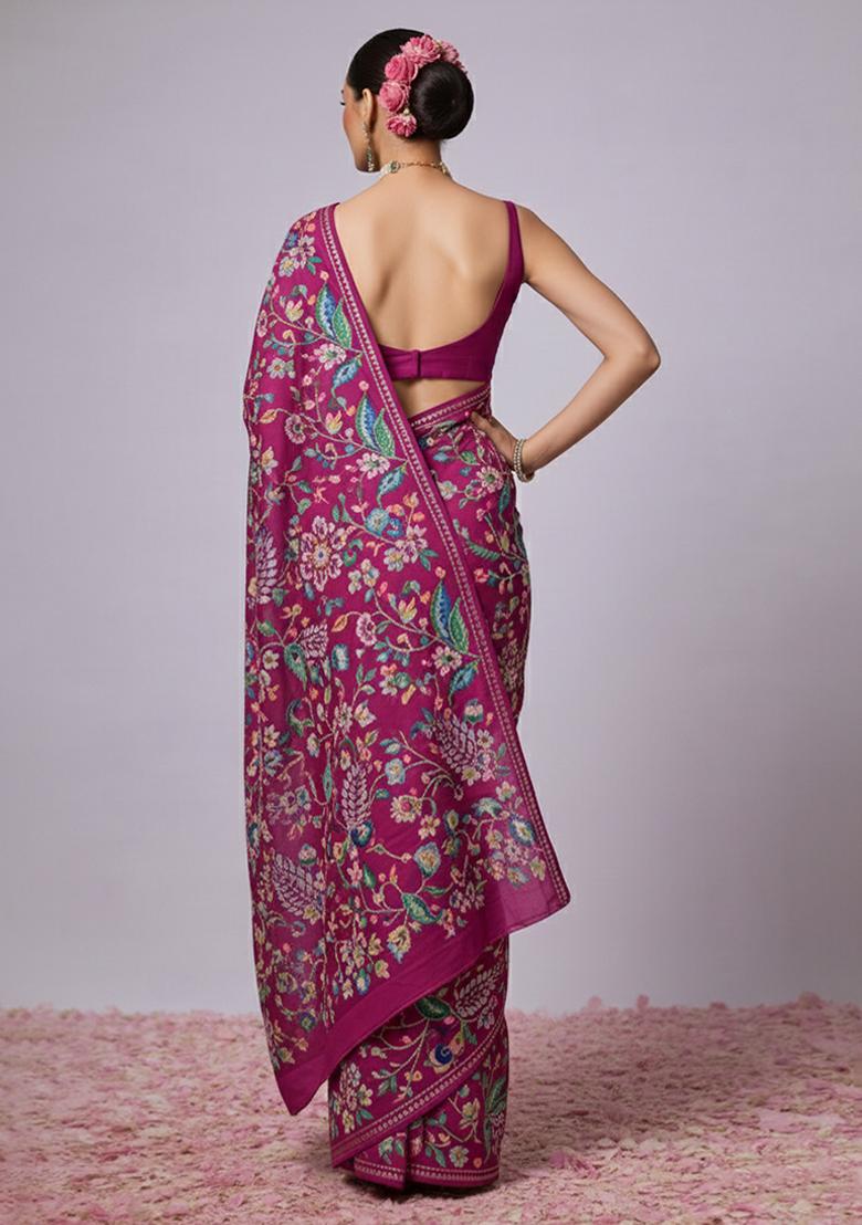 Magenta Embroidery Crepe Pre draped saree Set - Indya