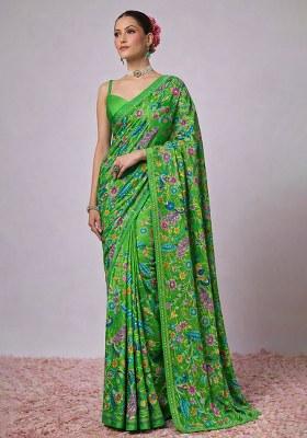 Green Embroidery Crepe Pre draped saree Set