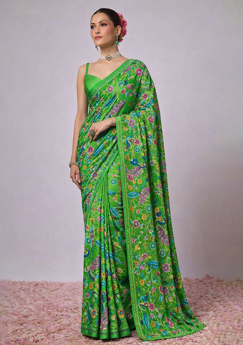 Green Embroidery Crepe Pre draped saree Set - Indya