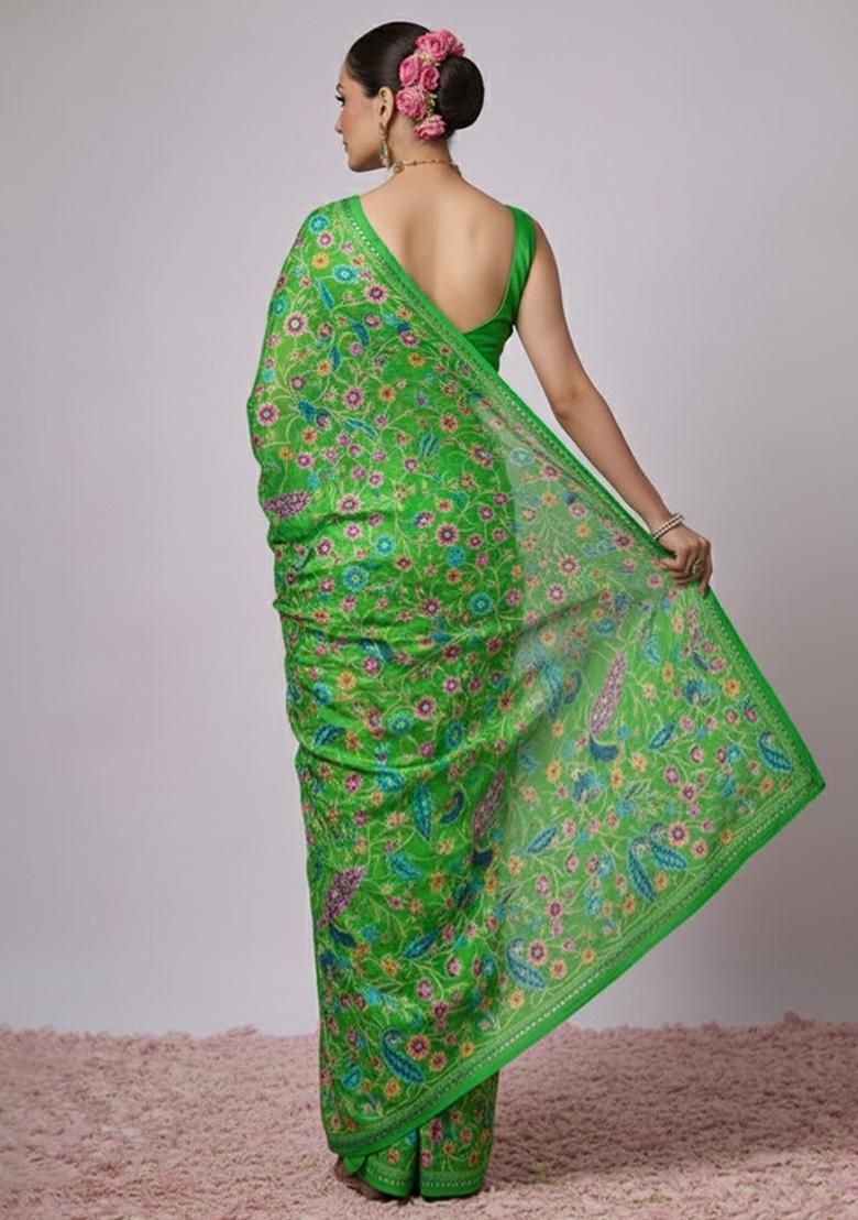 Green Embroidery Crepe Pre draped saree Set - Indya