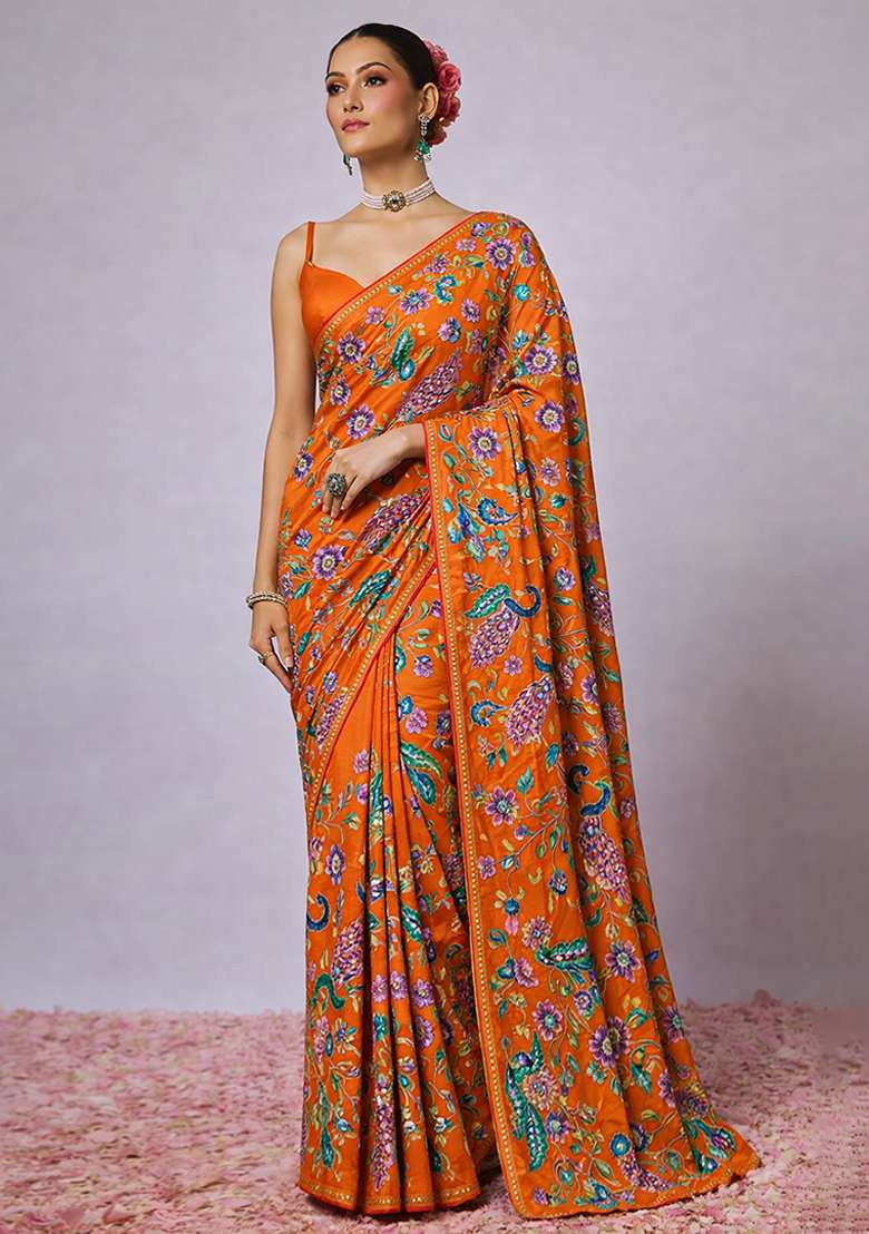 Orange Embroidery Crepe Pre draped saree Set - Indya