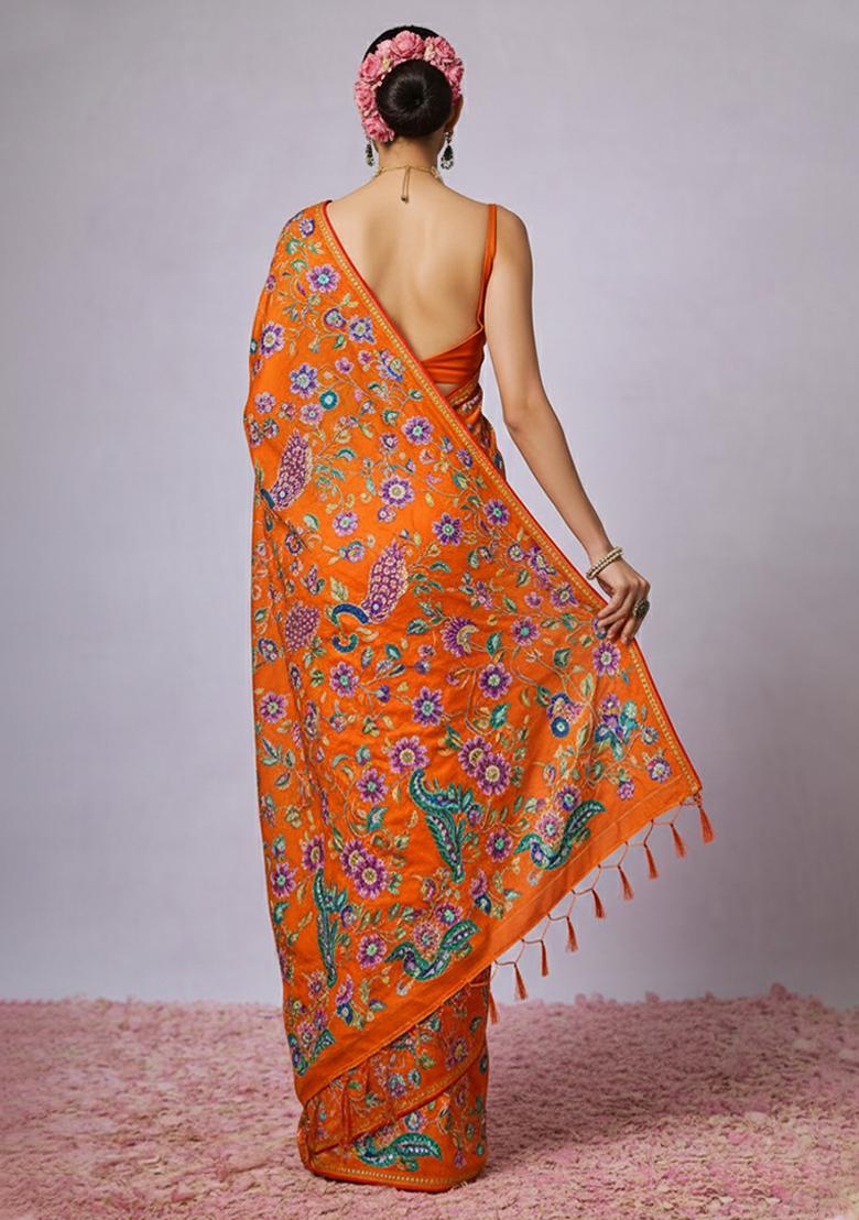 Orange Embroidery Crepe Pre draped saree Set - Indya