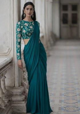 Teal Crepe Solid Pre draped saree Set With Embroidery Blouse