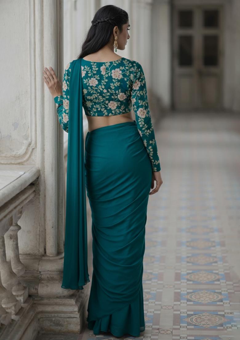 Teal Crepe Solid Pre draped saree Set With Embroidery Blouse - Indya
