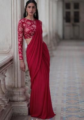 Red Crepe Solid Pre draped saree Set With Embroidery Blouse