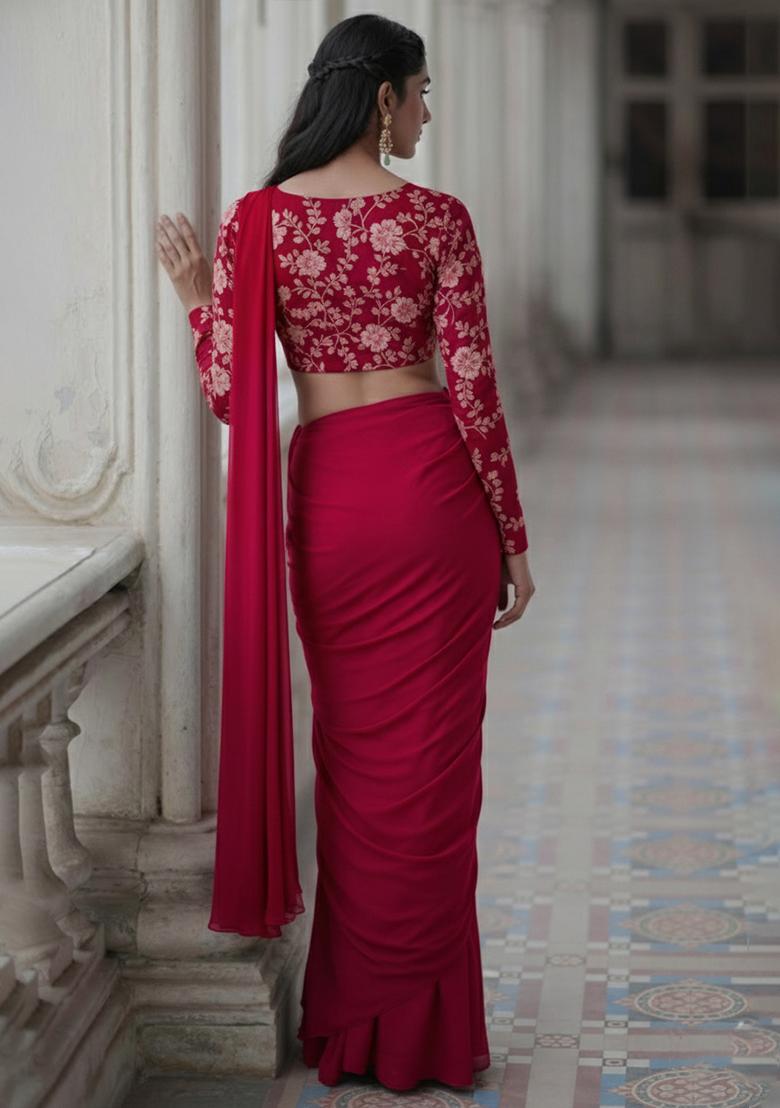 Red Crepe Solid Pre draped saree Set With Embroidery Blouse - Indya