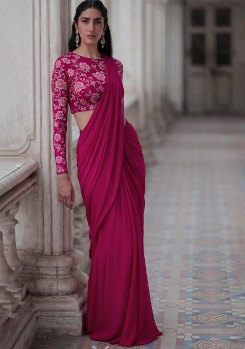 Red Crepe Solid Pre draped saree Set With Embroidery Blouse