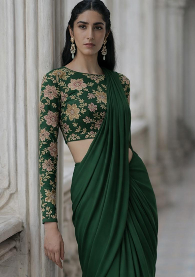 Green Crepe Solid Pre draped saree Set With Embroidery Blouse - Indya