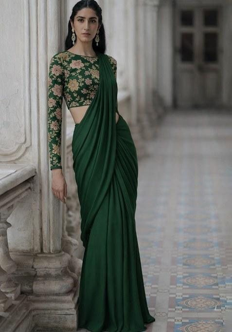 Green Crepe Solid Pre draped saree Set With Embroidery Blouse