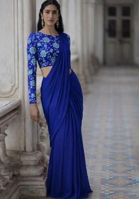 Blue Crepe Solid Pre draped saree Set With Embroidery Blouse
