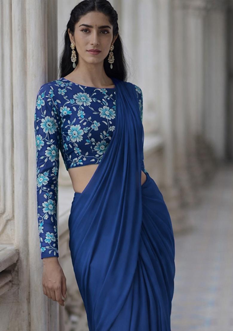 Blue Crepe Solid Pre draped saree Set With Embroidery Blouse - Indya