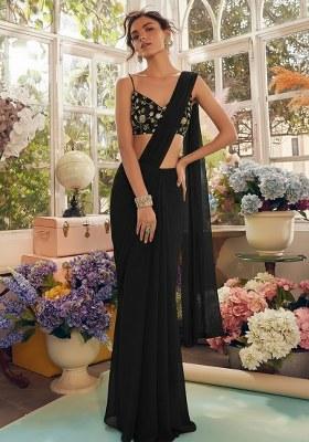 Black Fandy silk Solid Pre draped saree Set With Embroidery Blouse