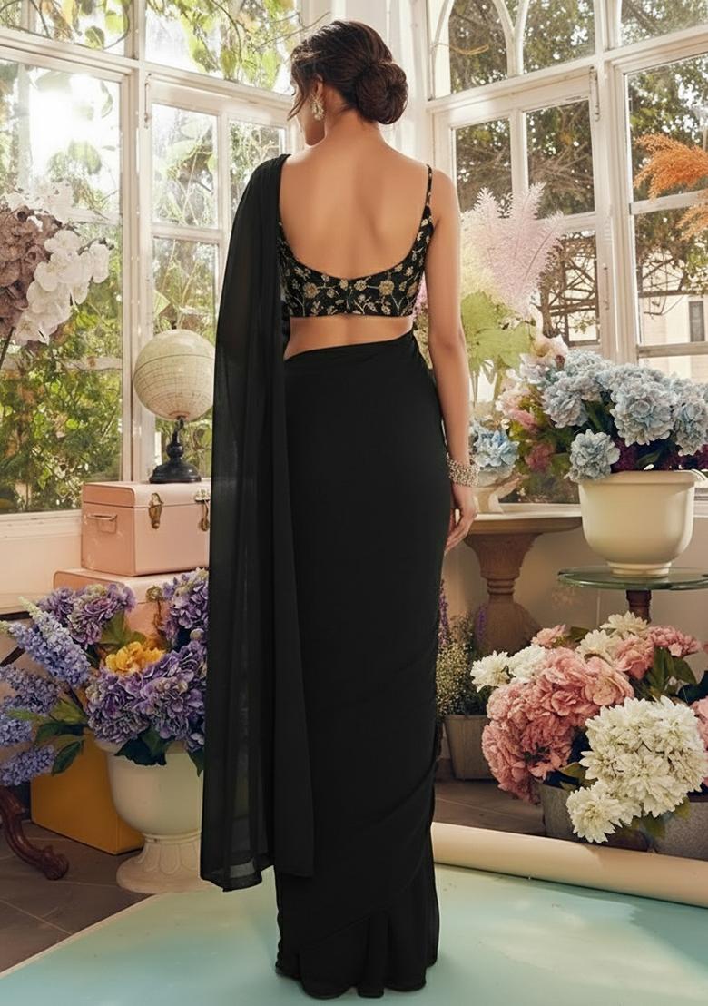 Black Fandy silk Solid Pre draped saree Set With Embroidery Blouse - Indya