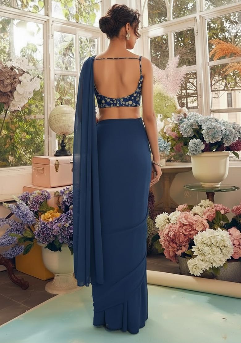 Blue Fandy silk Solid Pre draped saree Set With Embroidery Blouse - Indya