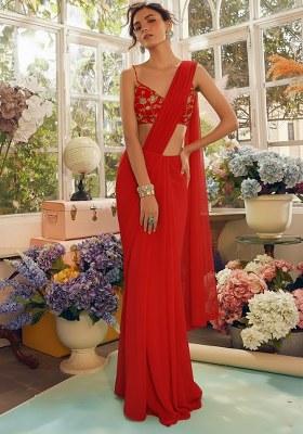 Red Fandy silk Solid Pre draped saree Set With Embroidery Blouse