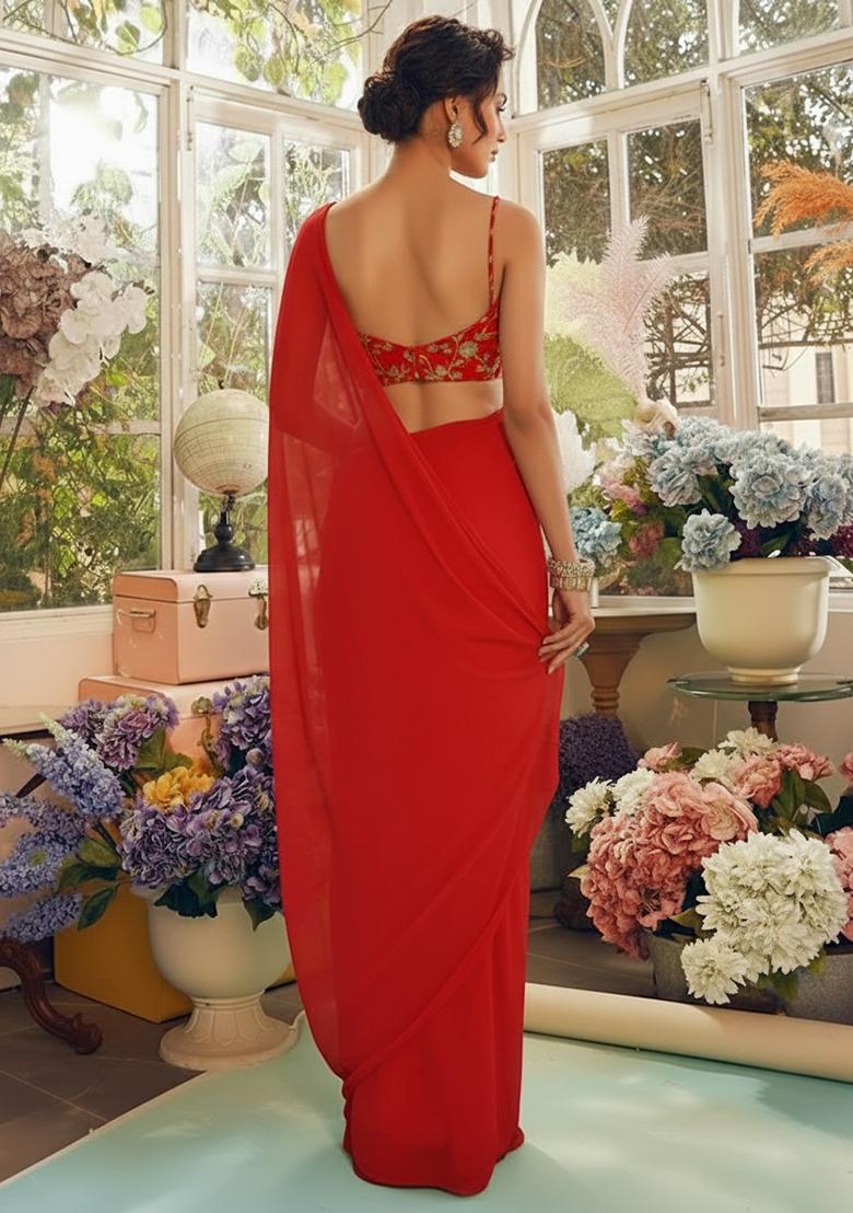Red Fandy silk Solid Pre draped saree Set With Embroidery Blouse - Indya