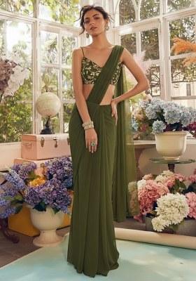Olive Green Fandy silk Solid Pre draped saree Set With Embroidery Blouse
