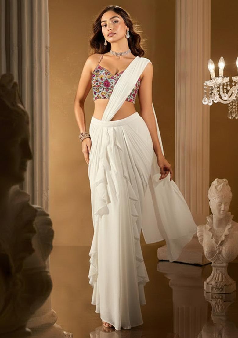 White Crepe Solid Pre draped saree Set With Embroidery Blouse - Indya