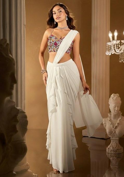 White Crepe Solid Pre draped saree Set With Embroidery Blouse