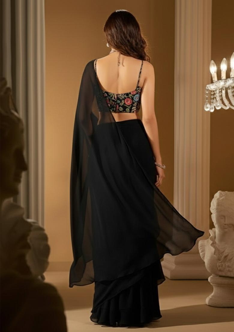 Black Crepe Solid Pre draped saree Set With Embroidery Blouse - Indya