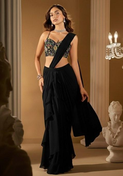 Black Crepe Solid Pre draped saree Set With Embroidery Blouse