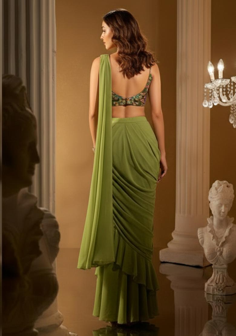 Green Crepe Solid Pre draped saree Set With Floral Embroidery Blouse - Indya