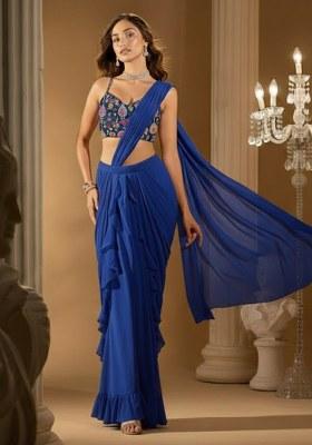 Blue Crepe Solid Pre draped saree Set With Embroidery Blouse