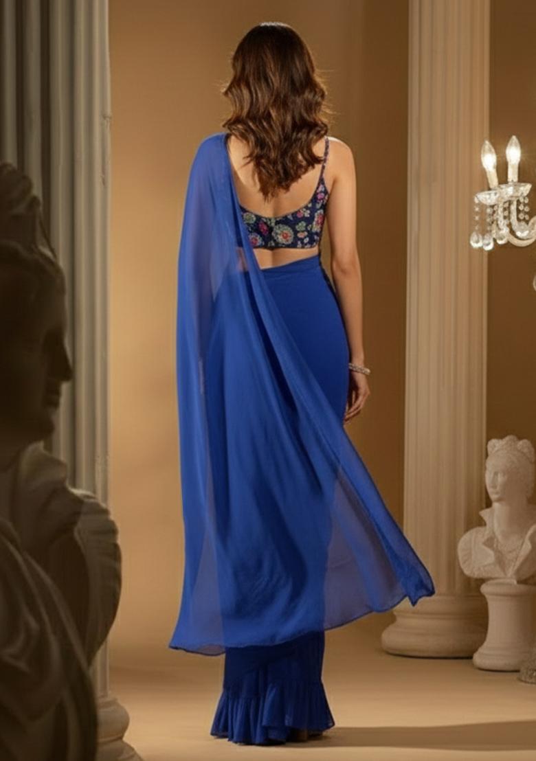 Blue Crepe Solid Pre draped saree Set With Embroidery Blouse - Indya