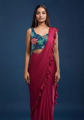Magenta CREPE Solid Pre draped saree Set With Floral Embroidered Blouse