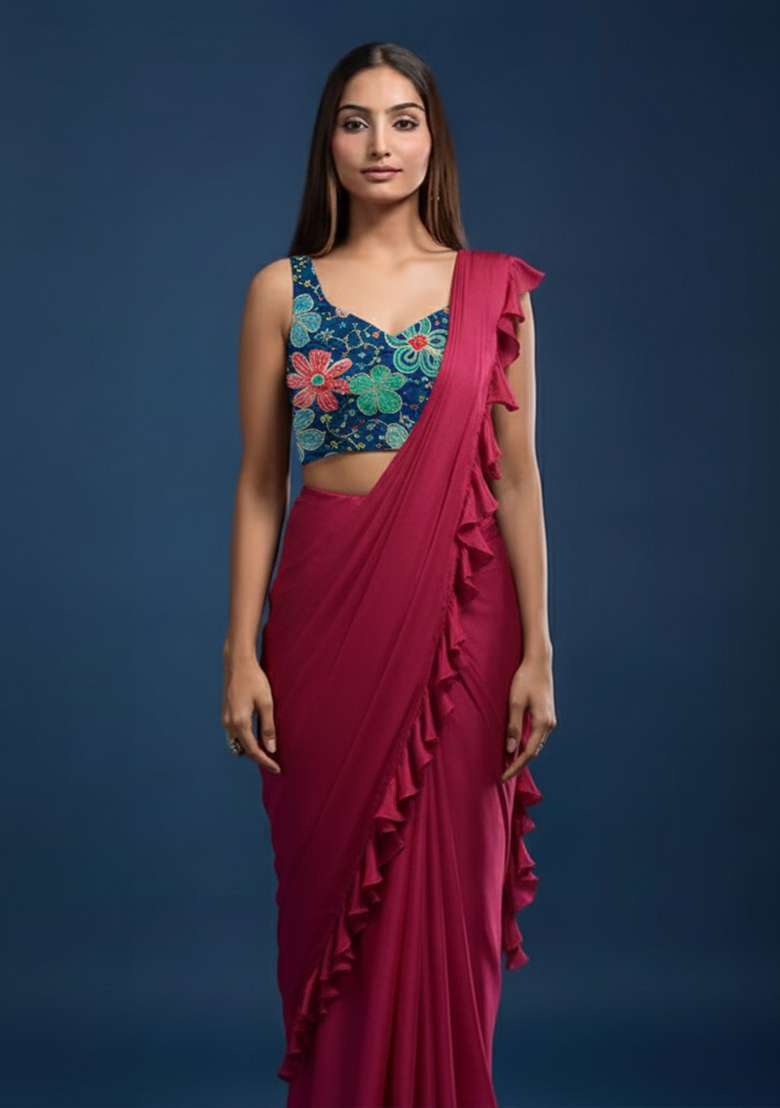 Magenta CREPE Solid Pre draped saree Set With Floral Embroidered Blouse for Diwali and Festive Wear - Indya