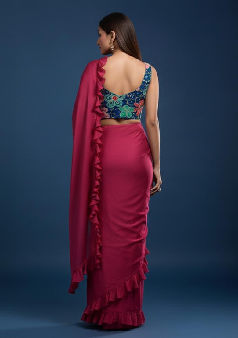 Magenta CREPE Solid Pre draped saree Set With Floral Embroidered Blouse - Indya