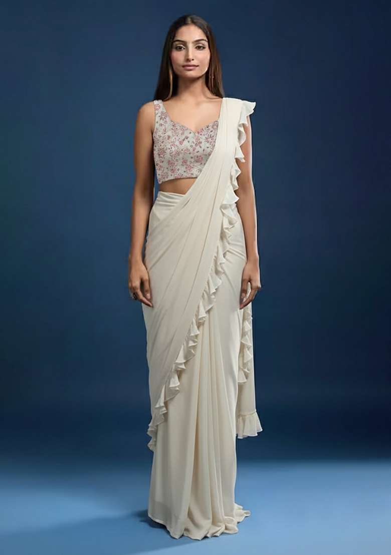 Off White Poly Blended Solid With Floral Blouse Pre draped saree Set with Embroidered for Diwali | Wedding & Festive Wear - Indya