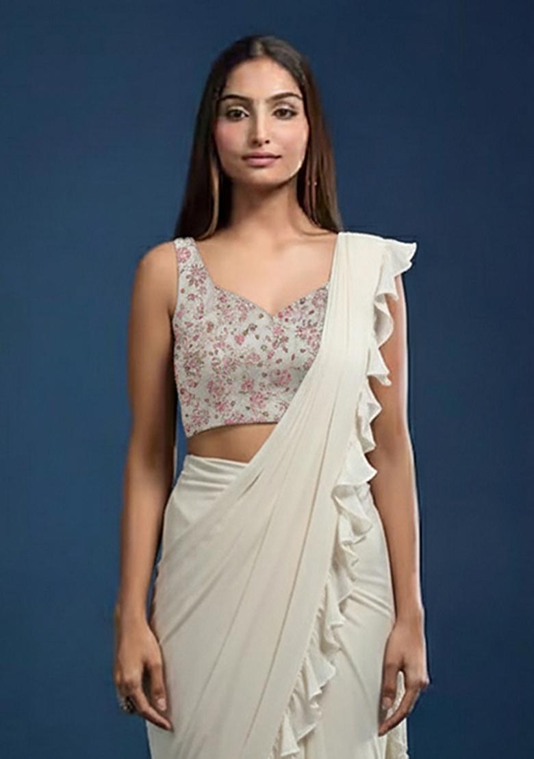 Off White Poly Blended Solid Pre draped saree Set With Floral Embroidered Blouse - Indya