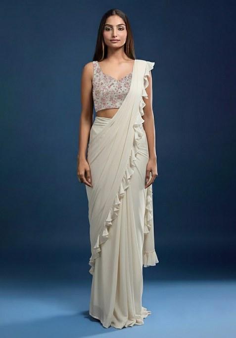 Off White Poly Blended Solid Pre draped saree Set With Floral Embroidered Blouse